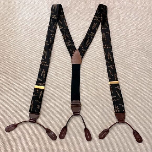 SUSPENDERS Made in Germany geometric pattern Y elastic back black/brown leather - Picture 1 of 7